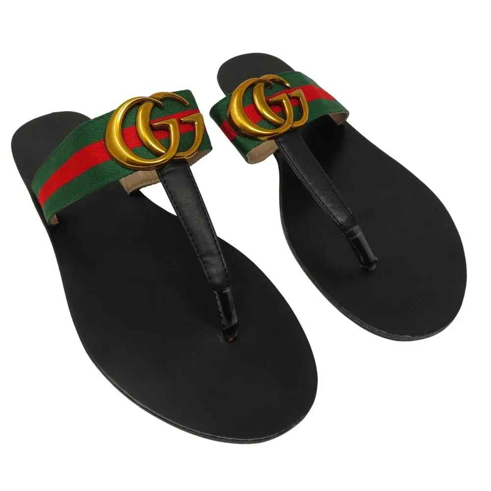 Gucci Double G Web Thong Sandals Black Mens 42 Flip Flops Gold Logo Italy - Picture 2 of 16